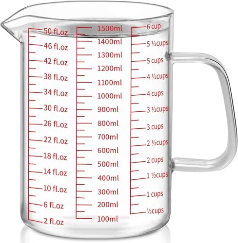 Luvan 50oz/6 Cups Glass Measuring Cup, Easy to Read with 3 measurement scales (Ml/Oz/Cup), Insulated Handle and V-shaped Spout, High Borosilicate Glass Measuring Cup, Ideal for Kitchen or Restaurant