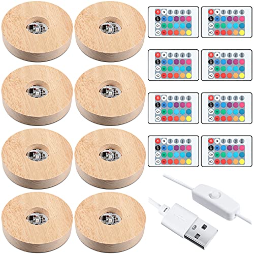 Honoson 3.94 Inch Wooden Light Stand Base Colorful LED Lights Display Base with Remote Control for Selenite Tower 3D Laser Crystal Glass Resin Art (8 Pieces)