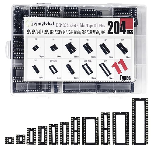 204pcs 11 Types DIP IC Socket Kit 2.54mm 0.1" Pitch 6 8 14 16 18 20 24 24Wide 28 28Wide 40 Pin DIP IC Socket Solder Type Adaptor Assortment Kits