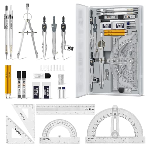 Nicpro 22 PCS Compass Geometry Tools with Case, Drafting Tools Geometry Set with Swing Arm Protractor, Rulers, Metal Compass, Divider, Square Set, Pencil, Back to School Supplies for Students Kids