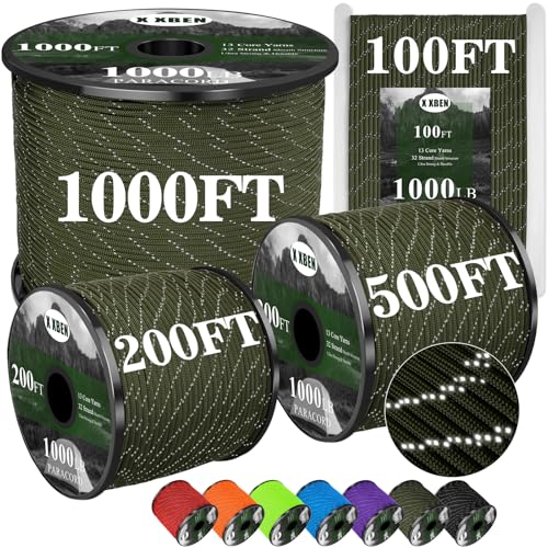 Paracord Reflective 4mm 1000lb, Paracord Rope, Parachute Cord, Camping Rope, Ideal Paracord String, 50/100/200/500/1000ft (Army Green, 200ft)