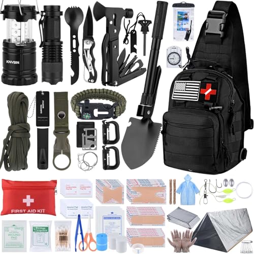 Survival First Aid Kit with Molle Crossbody Bag & Emergency Tent, 250pcs Survival Tools Tactical Gear and Trauma Bag, for Earthquake, Bug Out, Outdoor Adventure, Gifts for Men Father’s Day Dads