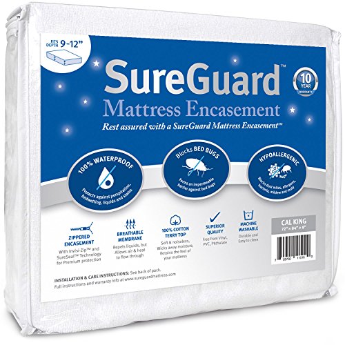 Cal King (9-12 in. Deep) SureGuard Mattress Encasement - 100% Waterproof, Bed Bug Proof, Hypoallergenic - Premium Zippered Six-Sided Cover