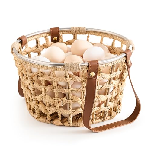 LGENHOOM Farmhouse Wicker Egg Basket for Collecting Fresh Eggs, Round Storage Basket with Handle, Brown, Sea Grass