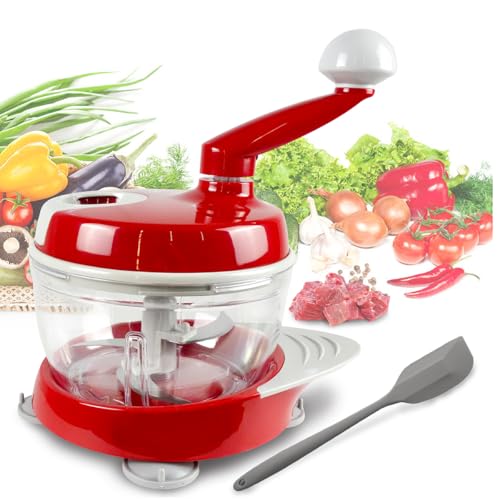 Versatile Hand-Cranked Food Processor - Manual Chopper, Meat Grinder Vegetable Chopper, Slicer Spinner Dicer for Salad, Fruits, Nuts, Herbs, and Onions - Includes Stable Base