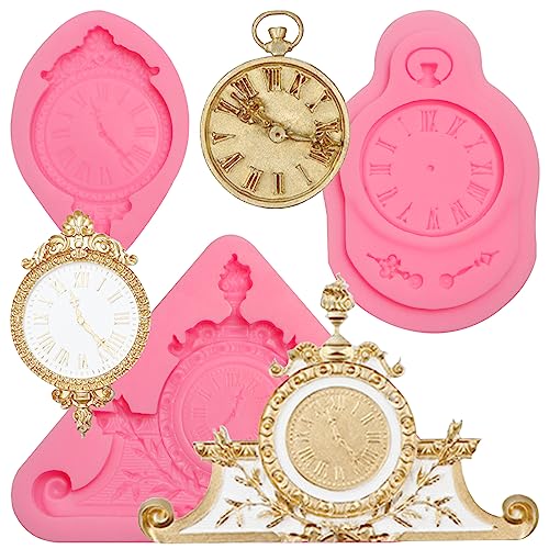 Large Clock Fondant Silicone Molds, Steampunk Vintage Wall Clocks Chocolate Molds for Steampunk Travel Theme Cake Decoration, Cupcake Toppers Candy Sugarcraft GumPaste Polymer Clay Resin Set of 3