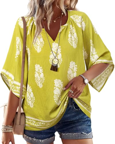 Bebonnie Women Blouses Dressy Casual: Womens Bell Sleeve Summer Spring V Neck Floral - Hawaiian Outfits for Women - Boho Hippie Peasant Blouses Plus Size Shirts Tunic Tops Multi Green XXL