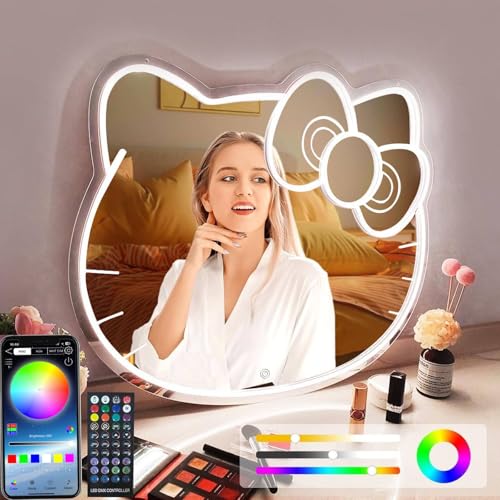 Hello Kit Mirror,Dimmable Hello Kit Vanity Mirror with Lights 200+ Kinds of Color,Acrylic Hello Kit Led Mirror with Remote & App Control, Kitty Neon Mirror Wall Mirror, Children's Favorite