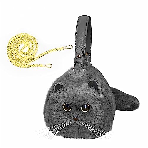 HUIJUFU Realistic Puffy Plush Cat Shaped Crossbody Handbag for Women（Blue Cat）