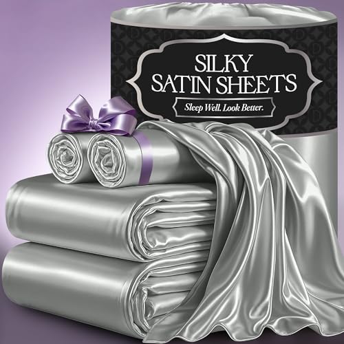 DECOLURE Satin Bed Sheets - 4 Piece Luxury Silky Queen Size Bedding Set - Softer Than Silk, Wrinkle-Free with 15” Deep Pocket Fitted Sheet, Perfect for Hair & Skin, Gifts for Women (Grey)