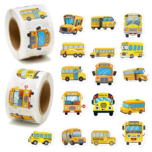 BeYumi School Bus Roll Stickers - 1000Pcs School Bus Stickers in 2 Rolls Back to School Waterproof Vinyl Cartoon Transportation Decals for Laptop Bottle Notebook Luggage Computer Classroom Decor Kids