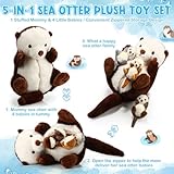 Shappy 5 Pcs Sea Otter Stuffed Animals Large Mommy Sea Otter Stuffy Plush with 4 Cute Babies in Her Zippered Belly Soft Cuddly Plushies for Boys Girls Birthday Gifts Ocean Party Decors(Brown)