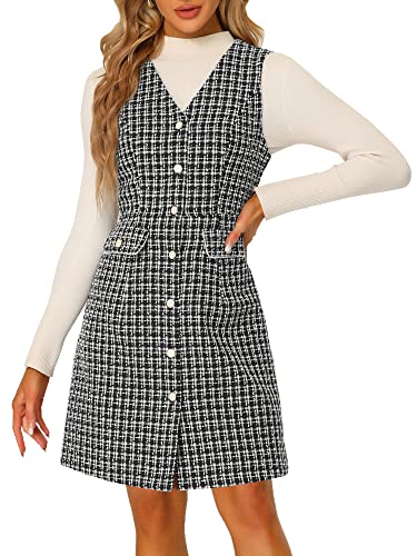 Allegra K Women's Pinafore Dress V Neck Button Down Pockets Vintage Sleeveless Plaid Tweed Dress Small Black