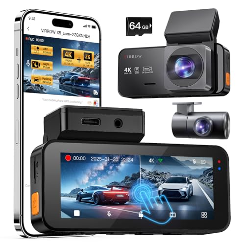VIRROW Dash Cam Front and Rear, Dash Camera for Cars 4K+2K, Dashcam Built-in WiFi, APP Control, 64GB Card Included, 3.39" IPS Touch Screen, 24H Parking Monitor, Night Vision, G-Sensor
