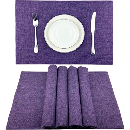 Weabetfu Cloth Placemats Set of 4 Heat Resistant Dining Table Placemmats Cotton Linen Machine Washable Kitchen Table Mats Wrinkle Free Thick Fabric Place Mat,Easy to Clean,13"x19" Purple