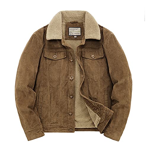 utcoco Men's Vintage Fleece Sherpa Lined Corduroy Denim Trucker Jackets Lapel Button Down Thickened Winter Coats (L, Khaki)