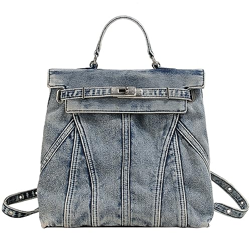 OUYGZOU Fashion Washed Denim Blue Backpack College Style Handbags Women Shoulder Bag Student School Bag Teenage Couple Travel Rucksacks (Denim blue)