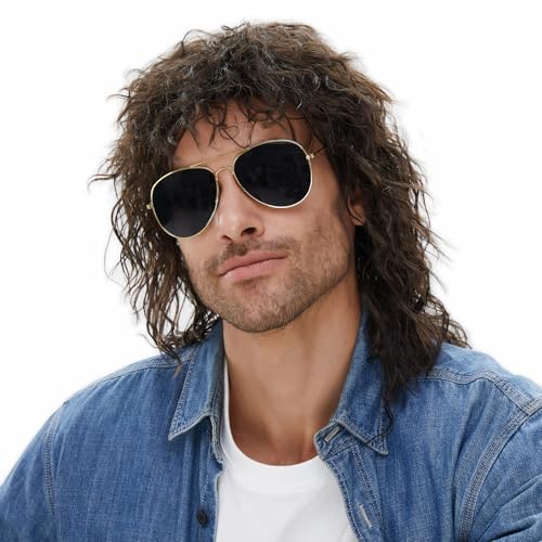 MEDISIFA Mullet 70s 80s Wig with Bangs Dark Brown Long Disco Hair Curly Men Wigs for Mens Man Male Hippie Rocking 80s Them Party Cosplay Costume Anime Heat Resistant Synthetic Hair Wig 70's Wig