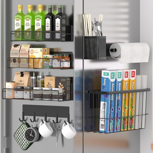 Magnetic Spice Rack for Refrigerator, 7 Pack Metal Magnetic Shelf, Moveable Magnetic Storage Fridge Organizer, Spice Organizer, Hook Rack, Paper Towel Holder, Utensils Holder, Cutting Board Holder