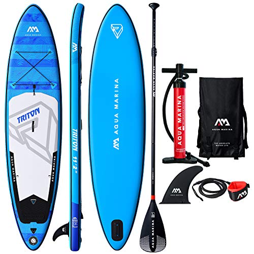 11'2" Inflatable Stand Up Paddle Board 6" Thick Aqua Marina Triton SUP with Double Action Pump, Magic Backpack, Slide-in Center Fin, Sports III Paddle and Safety Leash