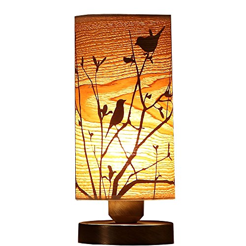 Bieye L10272 Birds in The Tree Wooden Style Table Lamp Night Light with Wood Lampshade Bronze Metal Base for Bedside Bedroom Living Room, Cylinder-Shaped (Bronze)