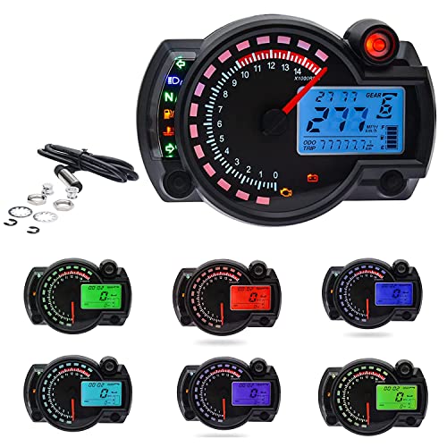 KAOLALI Motorcycle Digital Speedometer Tachometer Motorcycle Speedometer Odometer 7 Colors LCD Backlight Adjustable Digital Gauge Meter R-X-2-N 14000RPM MAX 299KM/H