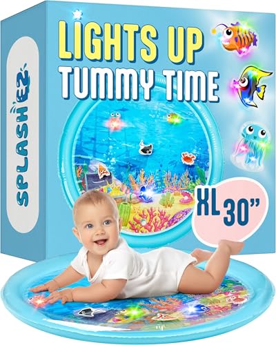 SplashEZ Lights Up Tummy Time Water Mat for Babies, 30" X-Large Baby Water Mat Tummy Time for Sensory Play with LED Glowing Fishes, Inflatable Fun Play Pad for Infants & Toddlers 3 to 36 mo