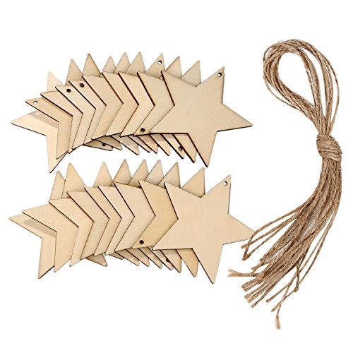 Tatuo 60 Set Natural Wooden Stars Cutouts Ornaments to Paint 3.15'' Unfinished Wood Star Embellishments for Craft with Twine for School Graduation Party Independence Day Christmas Home Decoration