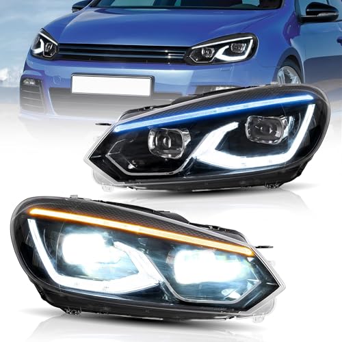 VLAND Projector Headlights Compatible with Golf 6 MK6 2010-2014 Halogen Models(NOT FTT GTI/R) Full Led Headlamp Assembly w/Animation Indicator