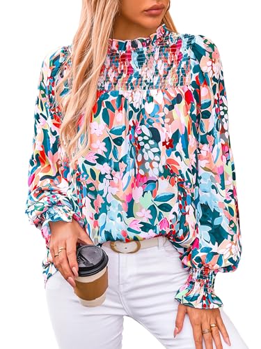 MASCOMODA Womens Blouses 2025 Spring Boho Floral Ruffle High Neck Long Sleeve Tops Dressy Casual Smocked Chiffon Work Shirts(Multicolored Flower,Small)