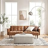 mopio Aaron Couch, Small Futon Sofa Bed, Sleeper, Loveseat, Mid Century Modern Futon Couch, Sofa Cama, Couches for Living Room, Bedroom (Pecan Brown, Faux Leather)