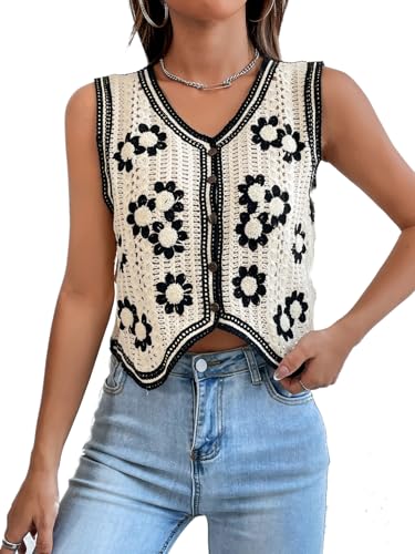 Verdusa Women's Button Front V Neck Sleeveless Floral Pattern Knit Sweater Vest Flower Beige S