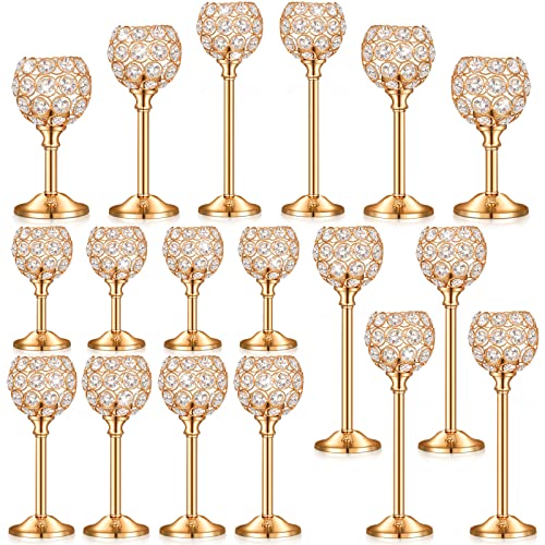 Qunclay 18 Pieces Crystal Candle Holders Bulk Candle Stick Holder Centerpieces for Table Wedding Centerpieces Crystal Decorative Tealight Dining Table Decor for Party(Gold)