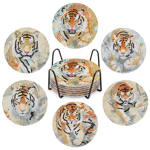 GHHKUD 6pcs Tiger Diamond Painting Coasters, DIY Life Coasters Animals Diamond Art Kits for Adults Kids, Full Drill 5D with Holder Cork Pad for Home
