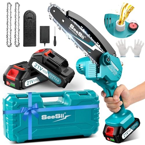 SEESII Mini Chainsaw 6 inch,Cordless Chainsaw w/ 2x2000mAh Batteries,Oiler System & Replacement Chain,Handheld Electric Chain Saw w/Safety Lock,Battery Powered Chainsaw for Wood Tree Cutting, CH600+