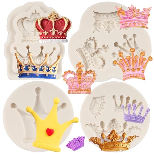 Crown Fondant Molds 3D Crown Chocolate Cake Decorating Silicone Molds for Baby Birthday Cupcake Topper Chocolate Candy Polymer Clay Epoxy Resin Gum Paste Set of 4