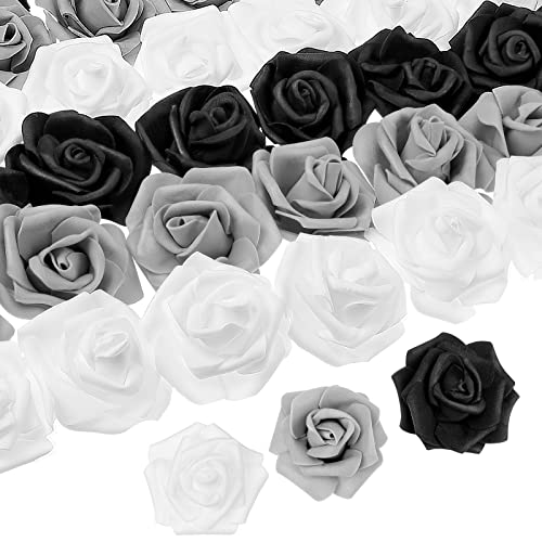 Geosar 200 Pcs Artificial Rose Flower Heads Bulk Fake Foam Roses Mini Faux Flower for Bridal Shower Wedding Flower Arrangements Centerpiece DIY(2.76 Inch,Black, White, Gray)