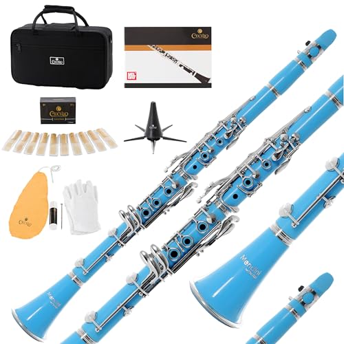 Mendini By Cecilio B Flat Clarinet for Beginner, Ebonite Bb Clarinet with 10 Reeds, Mouthpiece, Cork Grease, Gloves, Cleaning Cloth, Hard Case, Pocketbook, Stand (Light Blue)