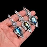 Universe Kart 925 Sterling Silver Bohemian Pendant Necklace for Women with Pear And Round Moon-Labradorite Gemstone