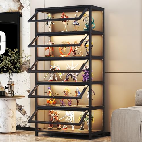 pipoaip Display Cabinet Curio Display Cabinet with Acrylic Glass Doors, 5-Tier Display Cases for Collectibles, Toy Organizers Rack & Kids Bookcase for Playroom, Bedroom (Black Flip Door)