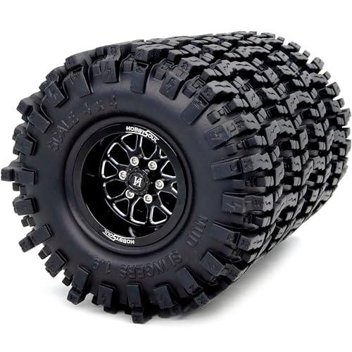 HOBBYSOUL 1.9 Beadlock Wheels and Tires 120mm Tall, 1.9'' Mud Slingers T8 Tires and Wheels Rims -10.5mm Negative Offset for 1/10 RC Crawler SCX10 TRX4 Gen8 Upgrades, (4-Pack, HS701501)