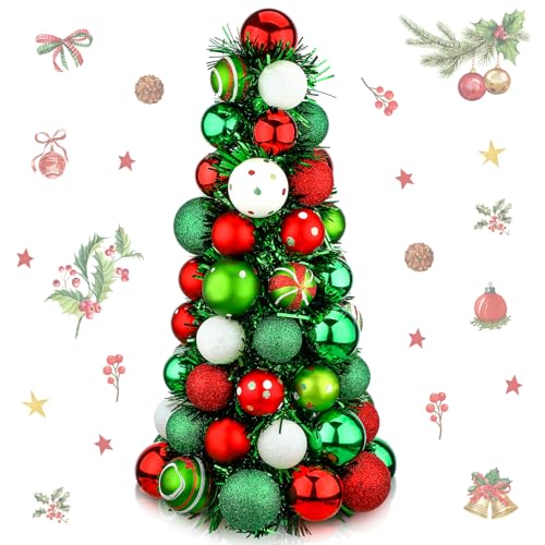 Civaner 16" Christmas Ball Tree Tabletop Decoration Small Xmas Table Decorative Tree with Shatterproof Red Lime Green White Balls Ornaments Xmas Tree Table Centerpiece for Holiday Party Decor Home