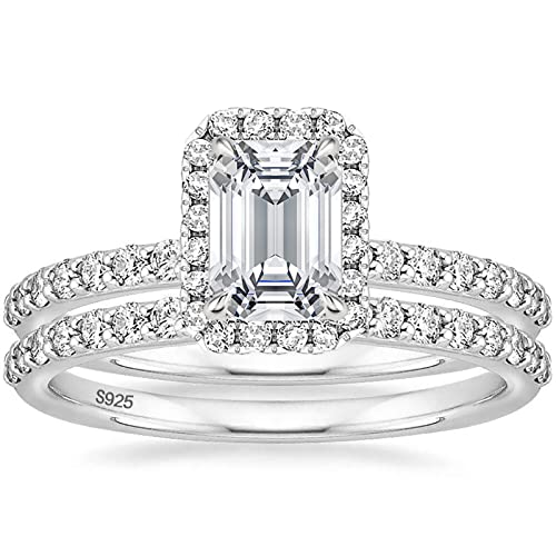 EAMTI 2CT 925 Sterling Silver Bridal Ring Sets Emerald Cut CZ Engagement Vintage Promise Rings Wedding Bands for Women Size 6
