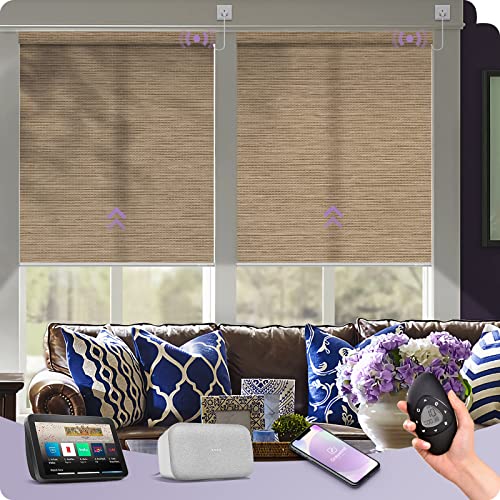 Graywind Motorized Natural Roller Shades Compatible with Alexa Google Hardwired WiFi Smart Light Filtering Blind Remote Control Automated Blinds Electric Window Shade, Custom Size (Woven Beige)