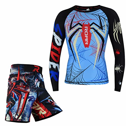 ROAR-INT MMA Rash Guard & BJJ Shorts Set Kids Fight Training Grappling Wear Jiu Jitsu Gi Trunks Outfit Set (Standard, Medium, Spider-2Pcs-Set)