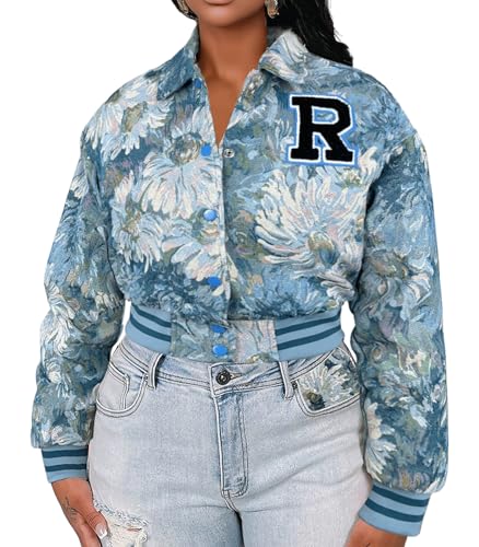 KANSOON Women’s Bomber Jacket Cropped Floral Varsity Coats Trendy Letterman Vintage Causal Outwear Blue L