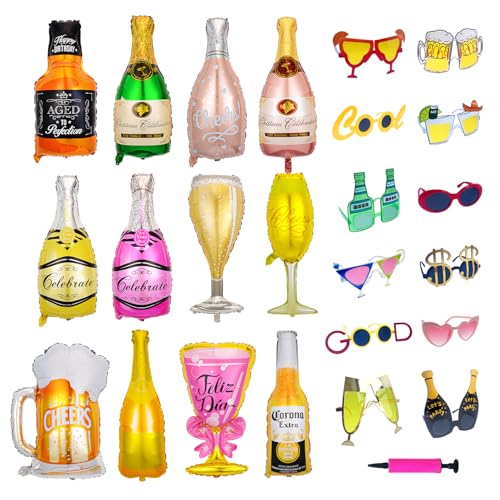 24 Champagne and Wine Bottle Balloons & Funny Party Sunglasses Set - 12 Foil Balloons, 12 Photo Booth Glasses Props for Birthday, Bachelorette, Wedding, Celebration, Engagement Party Decorations