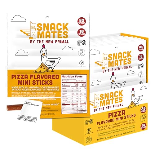 New Primal Snack Mates Pepperoni Pizza Chicken Sticks, Gluten Free Healthy Snacks for Kids, Low Sugar High Protein Back to School Snacks, Mini Paleo Jerky Meat Stick, 8g Protein, 50 Calories, 40 Pack
