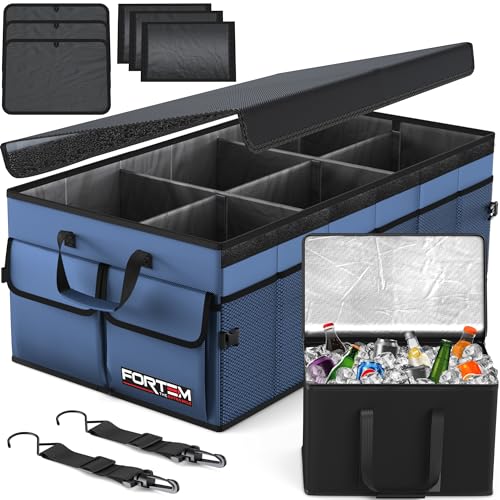 FORTEM Car Trunk Organizer with Cooler, Collapsible Multi Compartment SUV Organizer, Foldable Storage for Car Accessories for Women Men, 600D Oxford, Non Slip Bottom, Securing Straps Soft Cover (105L)