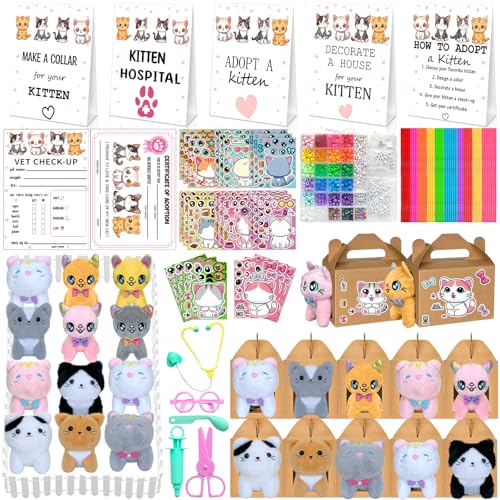 180 Pcs Adopt a Cat Party Favors Include 12 Mini Plush Cats 12 Adoption Card 12 Kraft Boxes 12 Check Card 5 Adopt Sign 24 Kitten Stickers 1 Fence 102 Adopt a Kitty Supplies for Adoption Party (Cat)